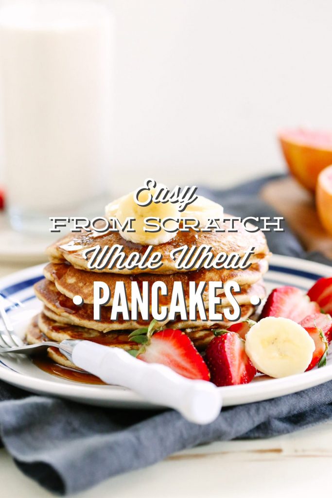From scratch whole wheat pancakes that taste amazing! No boxed ingredients, just healthy real food. Love this. Make in advance and freeze the extras for busy mornings.