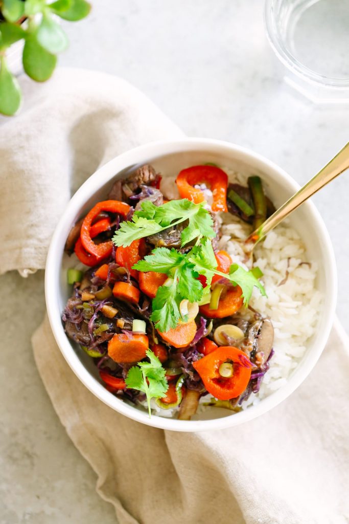 A classic, healthy stir-fry made with fresh veggies and beef. The veggie choices are unlimited, making this a truly frugal and nourishing meal, that can be made in just minutes.