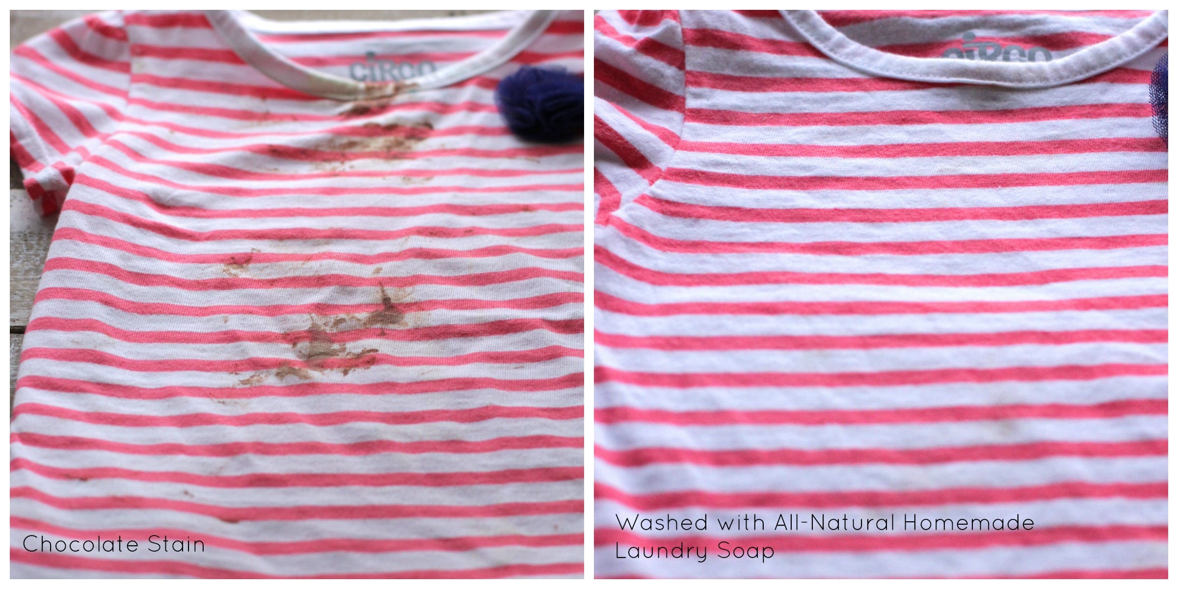 Stain on shirt on the left and no stain after using the detergent.