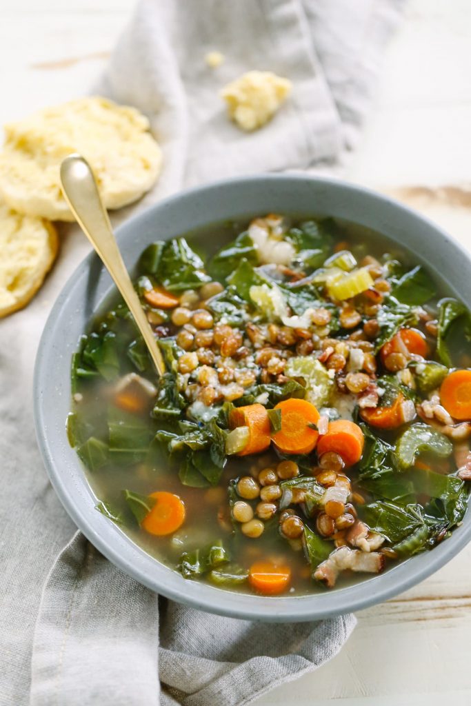 Made with bacon, hearty french lentils, and collard greens this soup is the perfect hearty, healthy, and warming dinner.