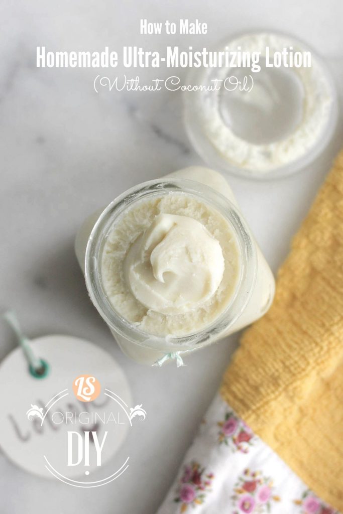 This homemade ultra-moisturizing lotion is super easy to make and moisturizes skin perfectly without coconut oil! Plus a video on how to make this super simple lotion.