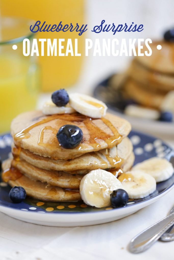 Gluten-Free Blender Blueberry Surprise Oatmeal Pancakes! These pancakes take 10 minutes to make and can be frozen for super busy mornings! Healthy and quick real food pancakes.