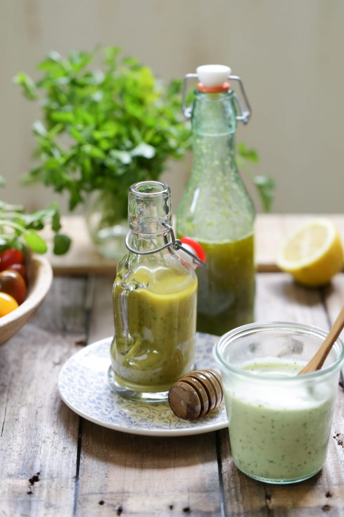 Three healthy homemade salad dressings you can make at home with fresh herbs! Three salad dressing recipes that require 5 minutes or less to make, from start to finish!