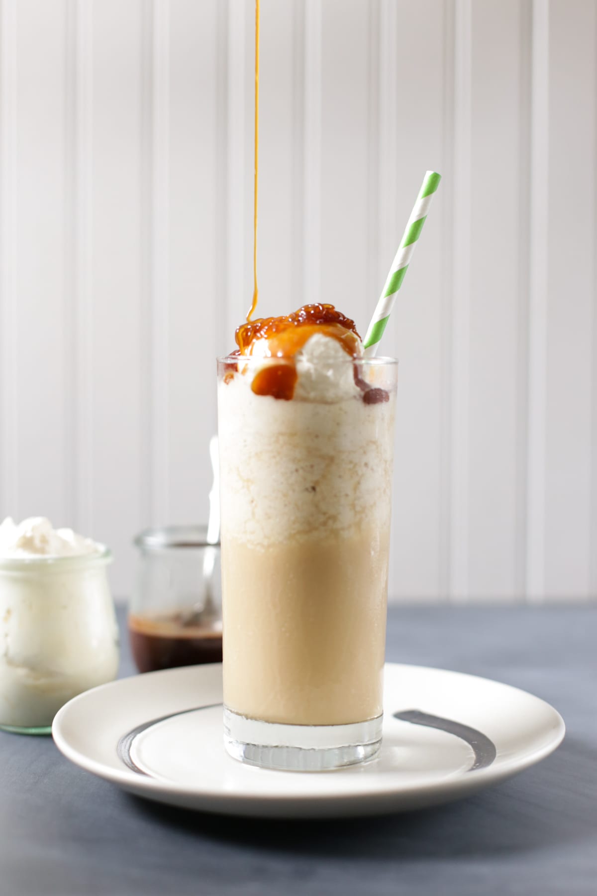 A DIY Frappuccino-like recipe made with real food ingredients. This homemade DIY drink is even better than the original and it all comes together in 60 seconds.
