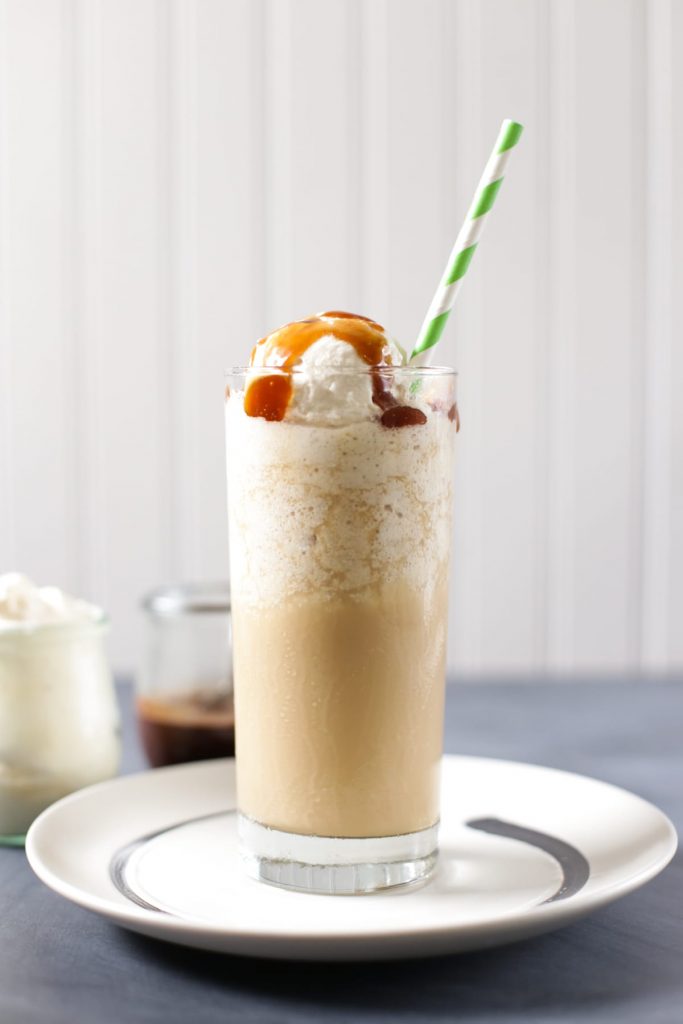 A DIY Frappuccino-like recipe made with real food ingredients. This homemade DIY drink is even better than the original and it all comes together in 60 seconds.