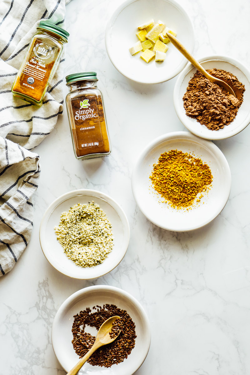 Additional ingredients to add to a smoothie: cinnamon, turmeric, flax seeds, ginger.