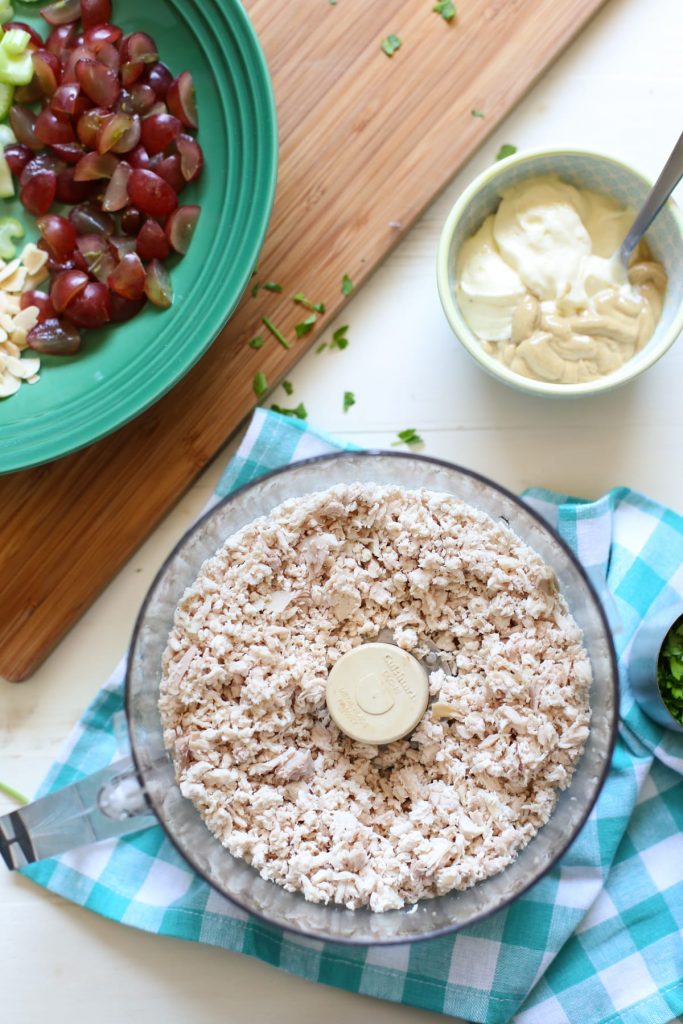 Super easy deli-style chicken salad! This recipe only requires 5 minutes of hands-on time. 100% healthy real food ingredients.