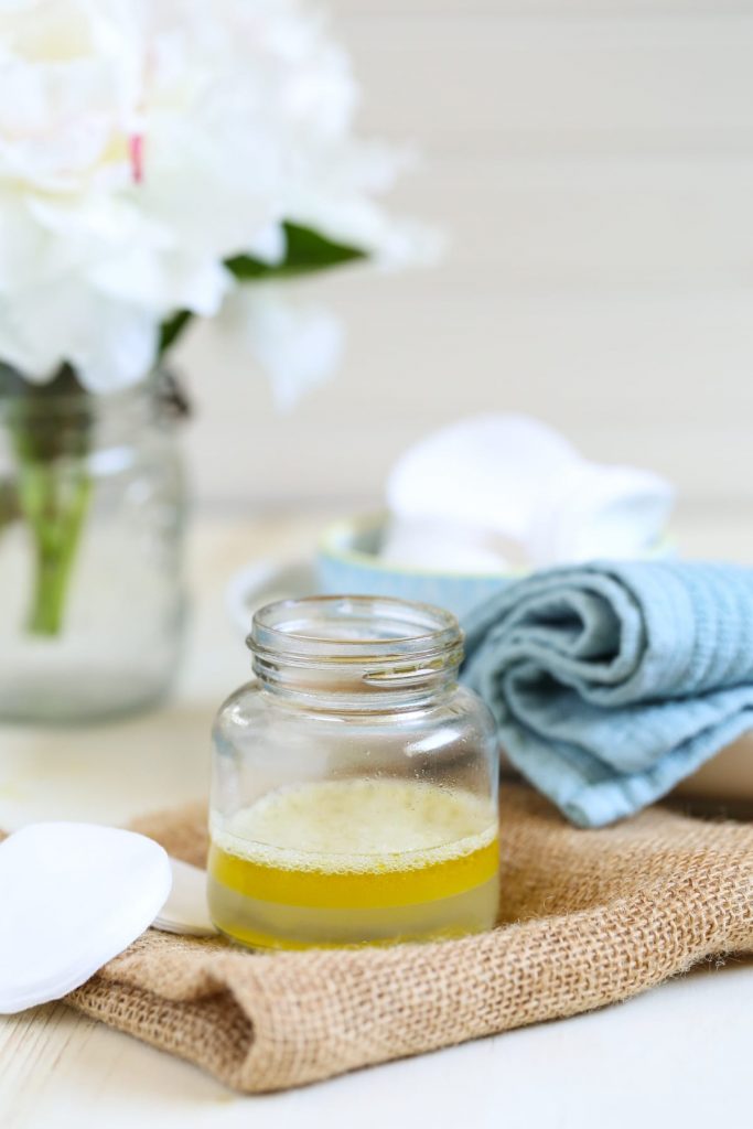 DIY Makeup Remover (without coconut oil). A simple two ingredient makeup remover that's gentle and effective. Costs just pennies to make one jar. No coconut oil in this recipe--just natural, simple and nourishing skincare ingredients.