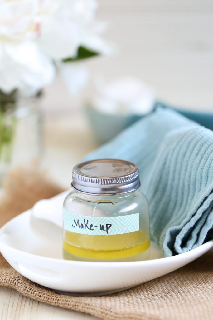 DIY Makeup Remover (without coconut oil). A simple two ingredient makeup remover that's gentle and effective. Costs just pennies to make one jar. No coconut oil in this recipe--just natural, simple and nourishing skincare ingredients.