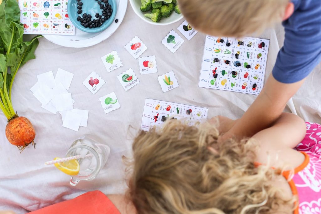 Teach your kids to love fruits and veggies with this free printable fruit and veggie bingo game!