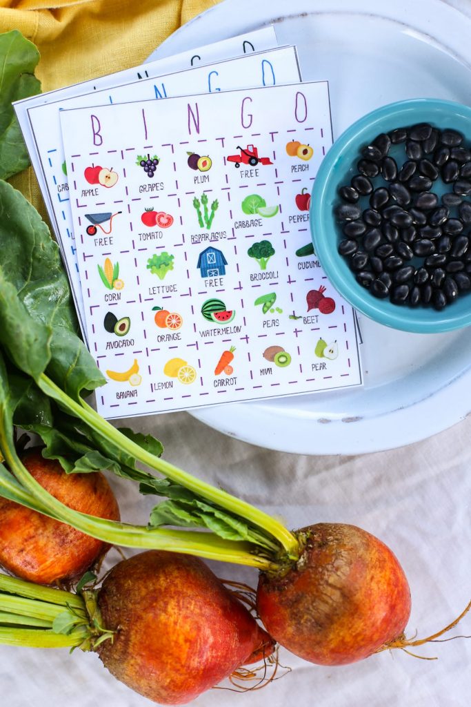 Teach your kids to love fruits and veggies with this free printable fruit and veggie bingo game!