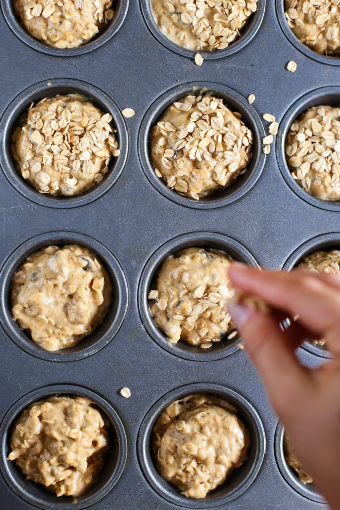 Whole grain oatmeal raisin muffins without refined sugar. These are so delicious--they taste just like a freshly made oatmeal raisin cookie. No processed ingredients!