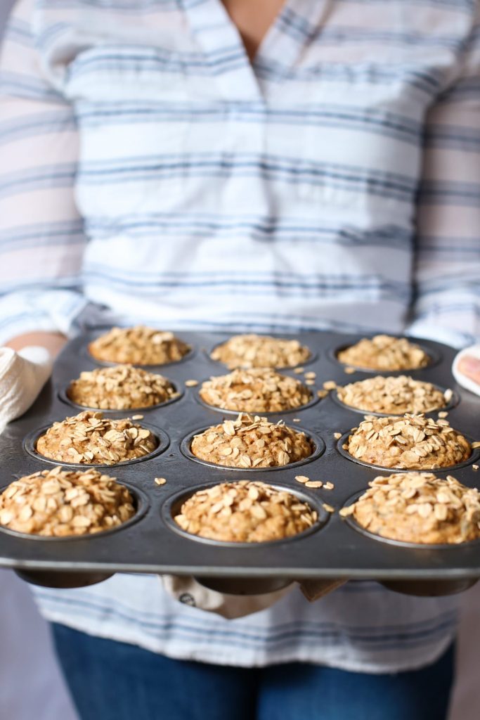 Whole grain oatmeal raisin muffins without refined sugar. These are so delicious--they taste just like a freshly made oatmeal raisin cookie. No processed ingredients!