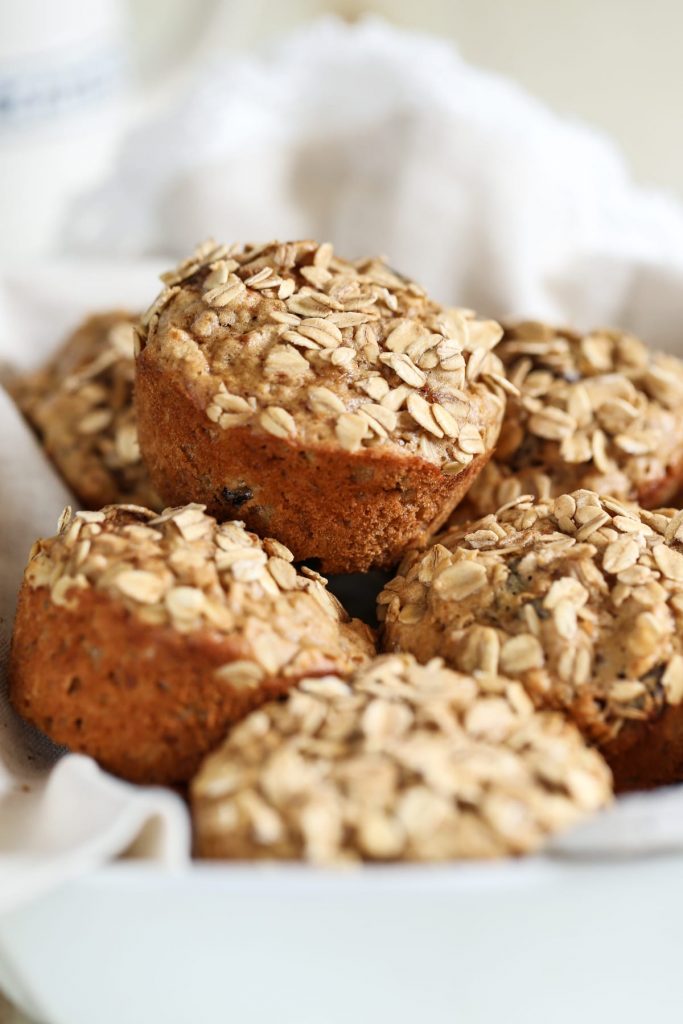 Whole grain oatmeal raisin muffins without refined sugar. These are so delicious--they taste just like a freshly made oatmeal raisin cookie. No processed ingredients!