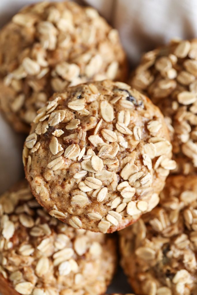 Whole grain oatmeal raisin muffins without refined sugar. These are so delicious--they taste just like a freshly made oatmeal raisin cookie. No processed ingredients!