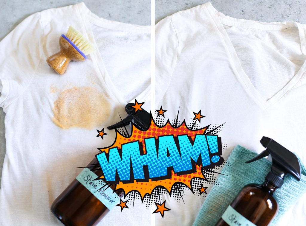 A powerful all-natural stain remover made with just four basic ingredients! DIY Homemade Stain Remover Spray. Gentle on clothes, tough on stains! AMAZING before and after photos, including: ketchup, carrot juice, and pen marks.