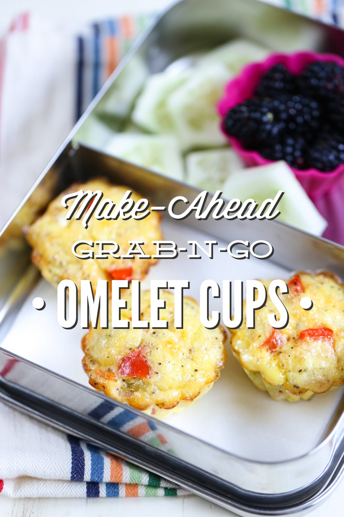 Omelet cups are the ultimate make-ahead busy morning meal or lunch. They will last well for 2 months in the freezer and in the fridge for 3-4 days. Just reheat the egg cups and serve. Easy peasy, healthy, and scrumptious!