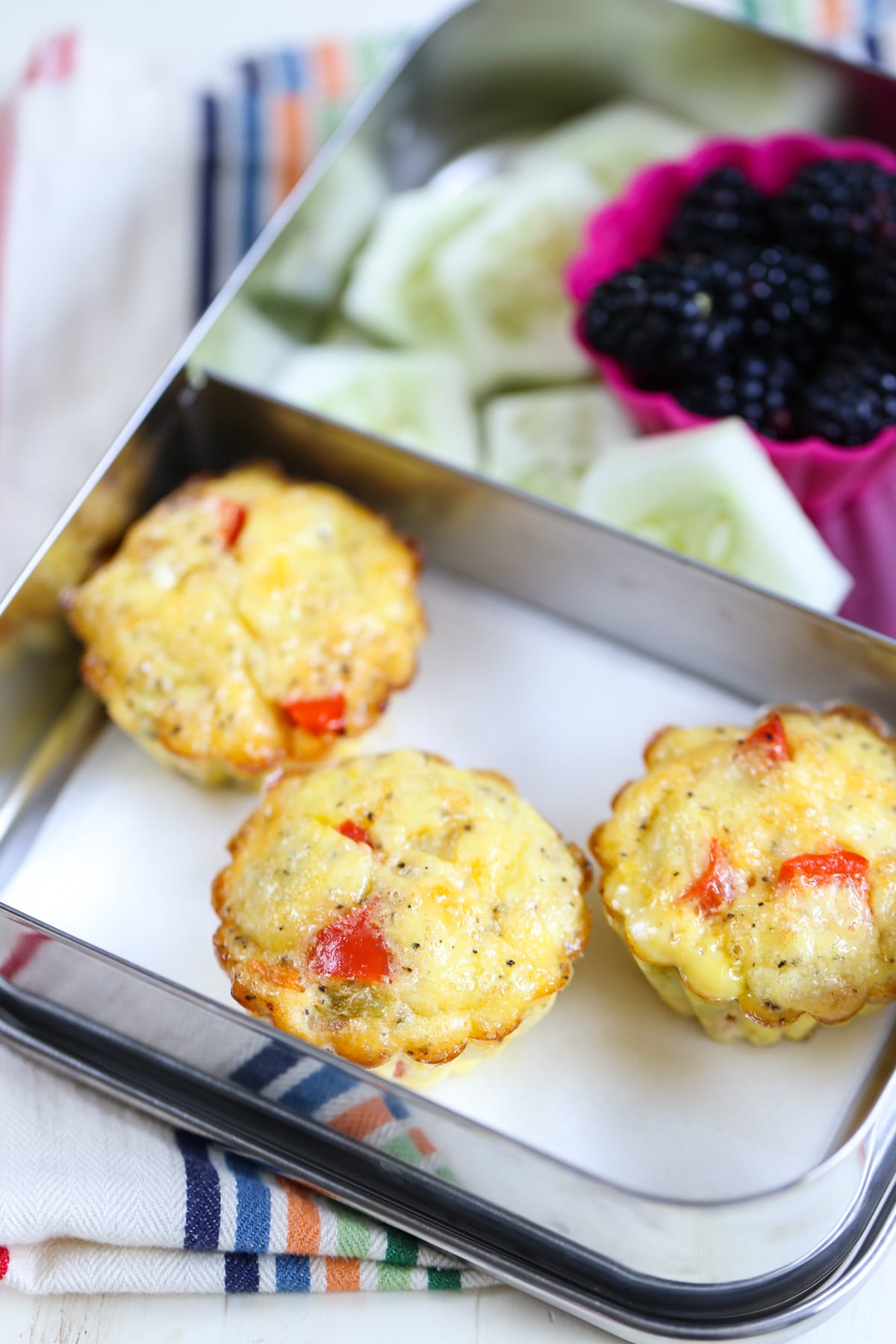 Omelet cups are the ultimate make-ahead busy morning meal or lunch. They will last well for 2 months in the freezer and in the fridge for 3-4 days. Just reheat the egg cups and serve. Easy peasy, healthy, and scrumptious!