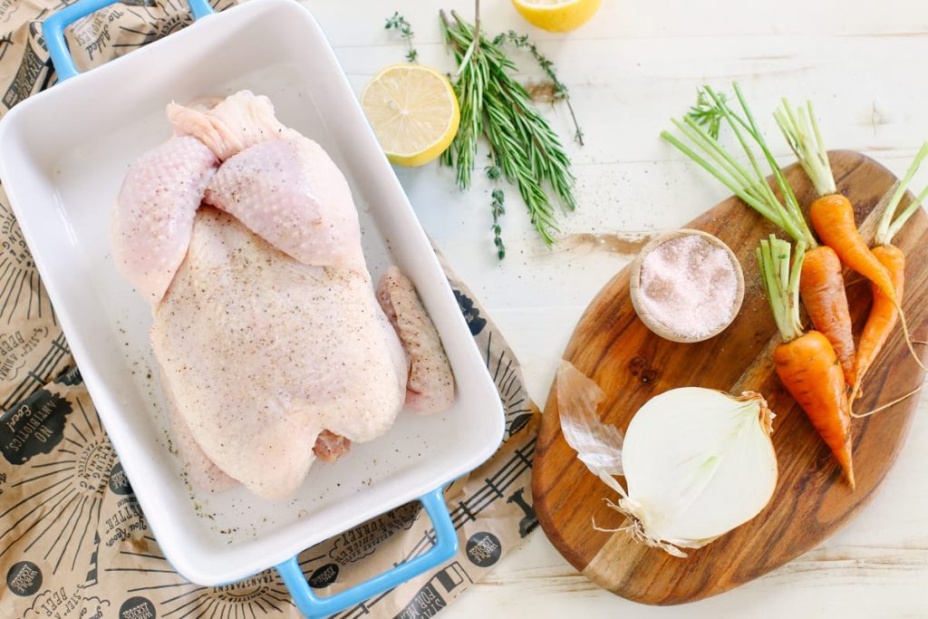 This oven roasted whole chicken is part of our weekly meal rotation! So easy and delicious. A family favorite meal that only takes a couple of minutes to prepare.