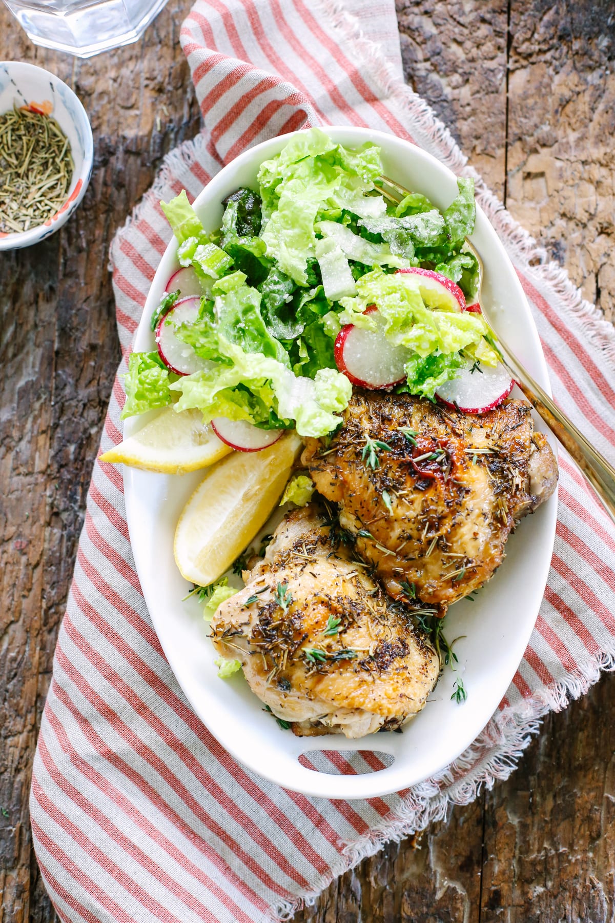 Crispy Herb-Roasted Chicken Thighs! Sooo good and so easy! I make these for dinner at least once week.