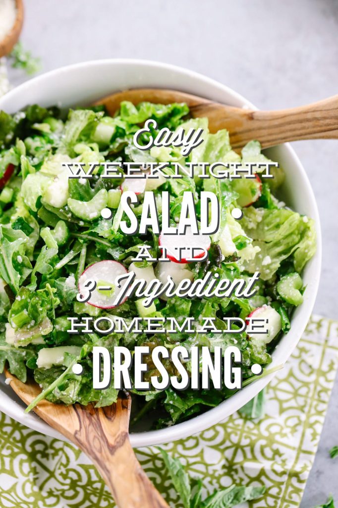 Easy Weeknight Salad with 3 Ingredient Homemade Dressing. So good! I serve this salad at least three times a week with dinner. Super inexpensive and takes less than 10 minutes to make everything, including the healthy dressing. Plus, tips for serving this salad to kids.