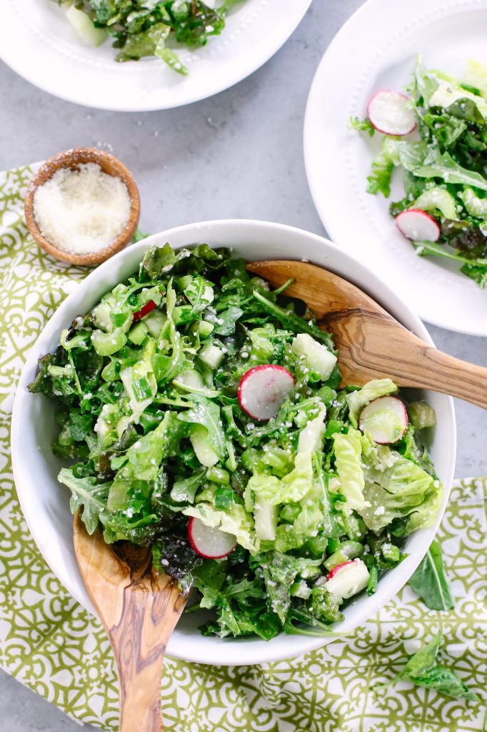 Easy Weeknight Salad with 3 Ingredient Homemade Dressing. So good! I serve this salad at least three times a week with dinner. Super inexpensive and takes less than 10 minutes to make everything, including the healthy dressing. Plus, tips for serving this salad to kids.