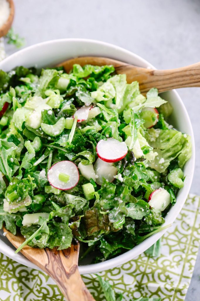 Easy Weeknight Salad with 3 Ingredient Homemade Dressing. So good! I serve this salad at least three times a week with dinner. Super inexpensive and takes less than 10 minutes to make everything, including the healthy dressing. Plus, tips for serving this salad to kids.