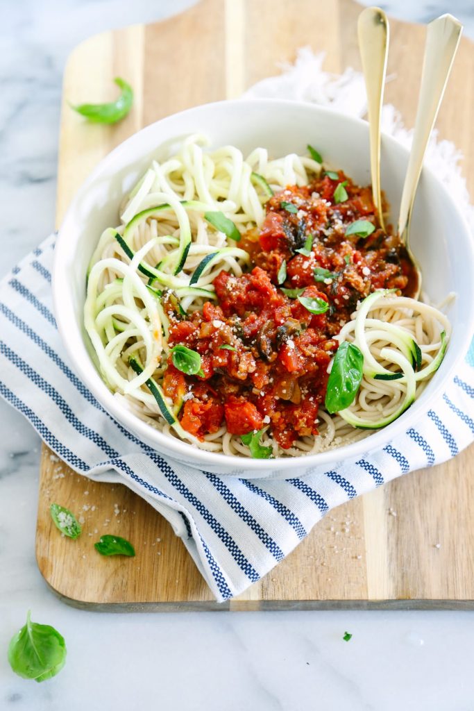 A regular meal on our meal rotation. So delicious and everyone loves this! Love the addition of zucchini noodles. Meat and meat-free option, too!
