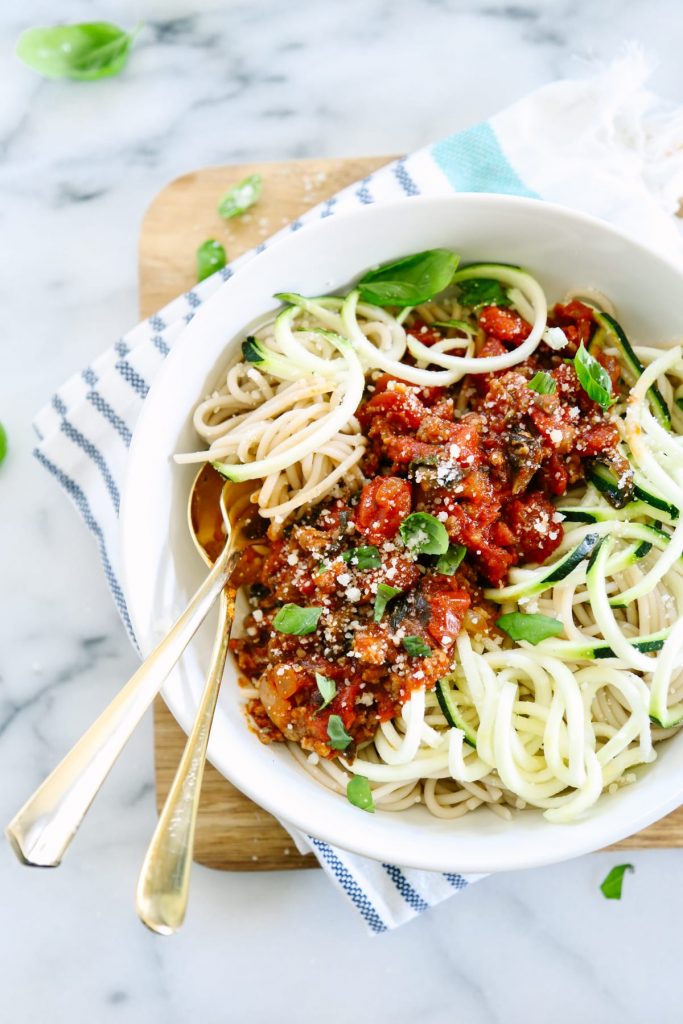 A regular meal on our meal rotation. So delicious and everyone loves this! Love the addition of zucchini noodles. Meat and meat-free option, too!