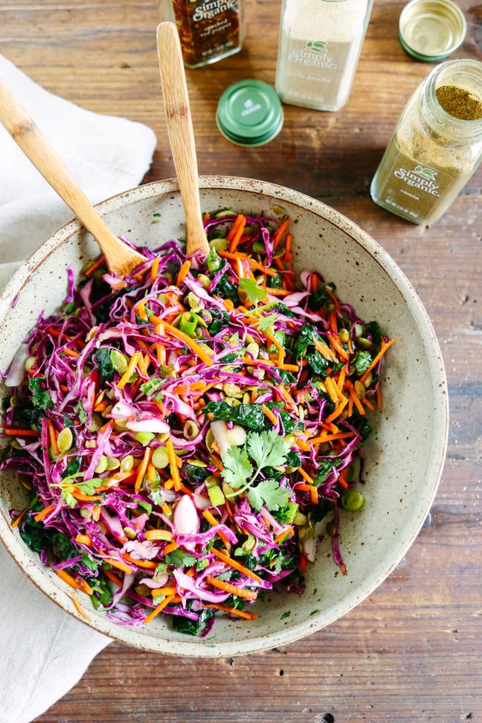 We like to make this vinaigrette kale slaw as an easy side dish to go with just about any weeknight dinner! It's seriously so good! 