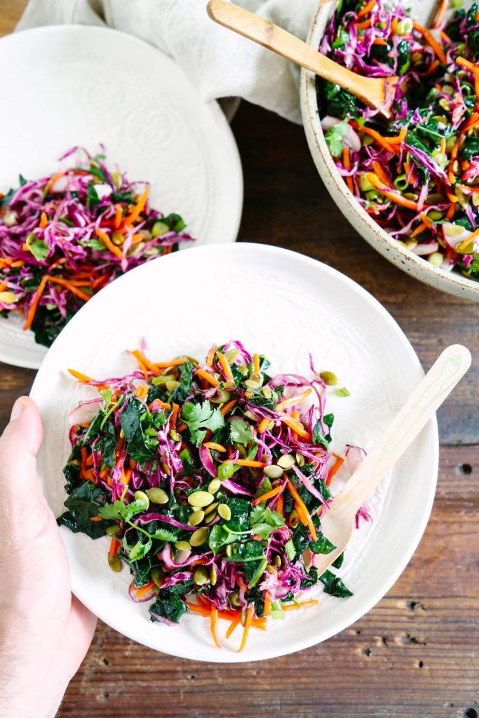 We like to make this vinaigrette kale slaw as an easy side dish to go with just about any weeknight dinner! It's seriously so good! 