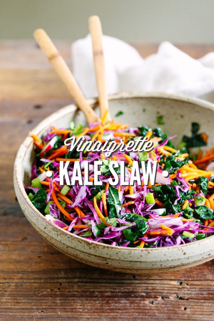 So yum! This slaw is a modern, healthy take on traditional coleslaw. Made with traditional slaw ingredients, kale, and a simple homemade vinaigrette. Love this! Great on sandwiches, tacos, or as a side salad.