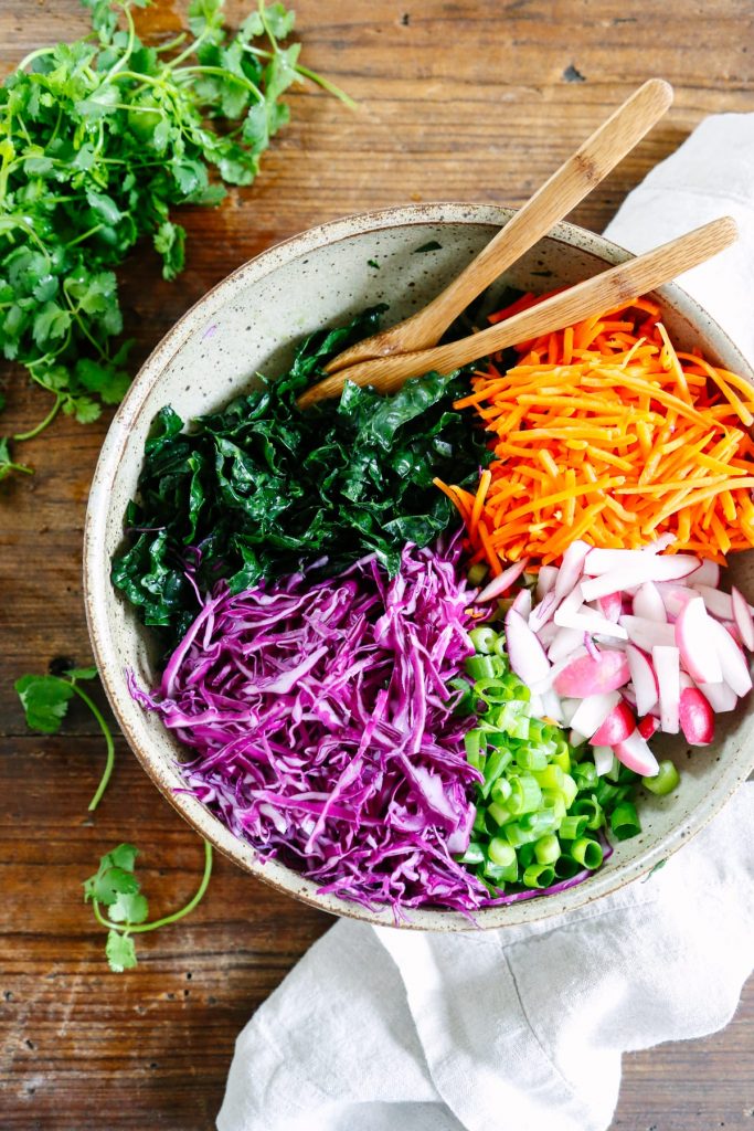 We like to make this vinaigrette kale slaw as an easy side dish to go with just about any weeknight dinner! It's seriously so good! 