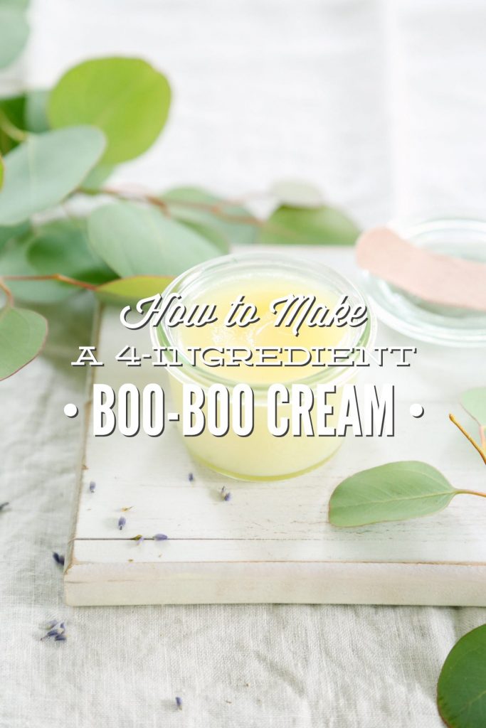 So easy! This boo boo cream is made with coconut oil, beeswax, tea tree oil, and lavender oil. Keeps for months and months.