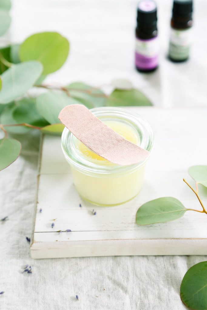 So easy! This boo boo cream is made with coconut oil, beeswax, tea tree oil, and lavender oil. Keeps for months and months.