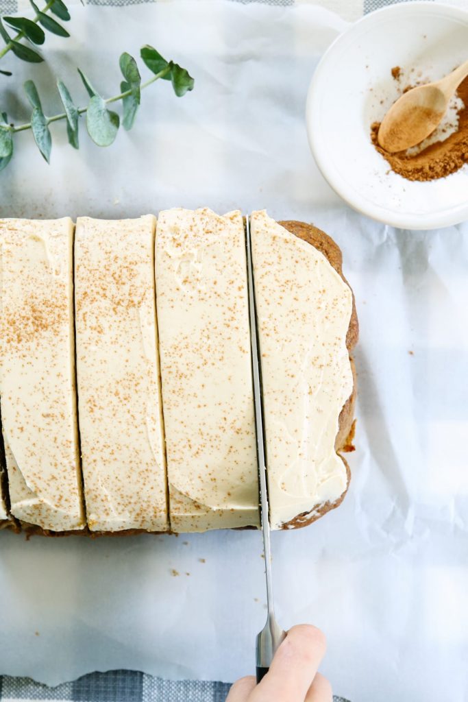 Sooo good! And no refined sugar, not even in the frosting. A whole grain pumpkin cake.