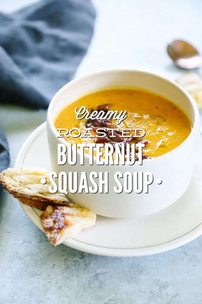 So good! This creamy roasted butternut squash soup is my absolute favorite fall soup, and it's so easy to make. Just roast and blend. No dairy!