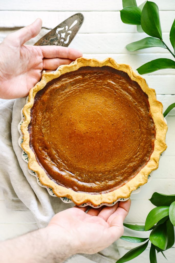 A naturally-sweetened (maple syrup) pumpkin pie that's made without any condensed or evaporated milk. So easy and good.