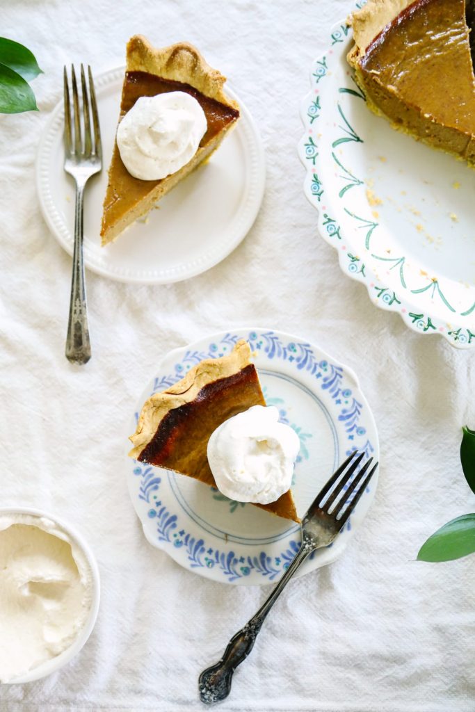 A naturally-sweetened (maple syrup) pumpkin pie that's made without any condensed or evaporated milk. So easy and good.