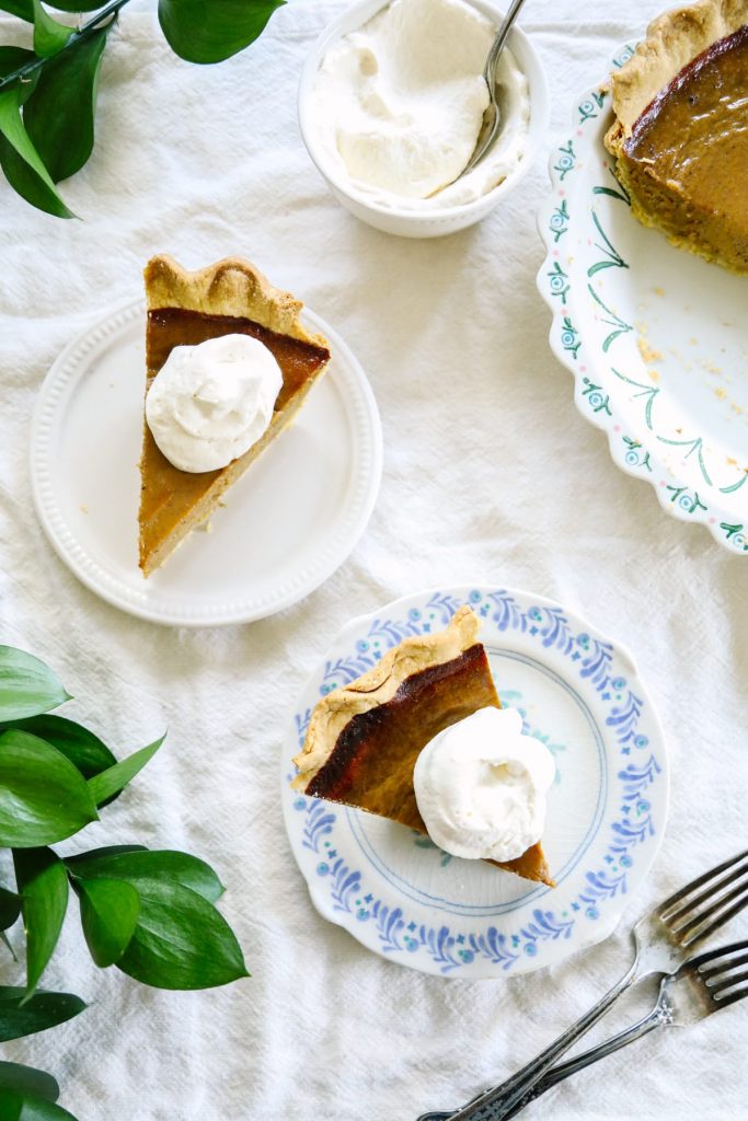 A naturally-sweetened (maple syrup) pumpkin pie that's made without any condensed or evaporated milk. So easy and good.