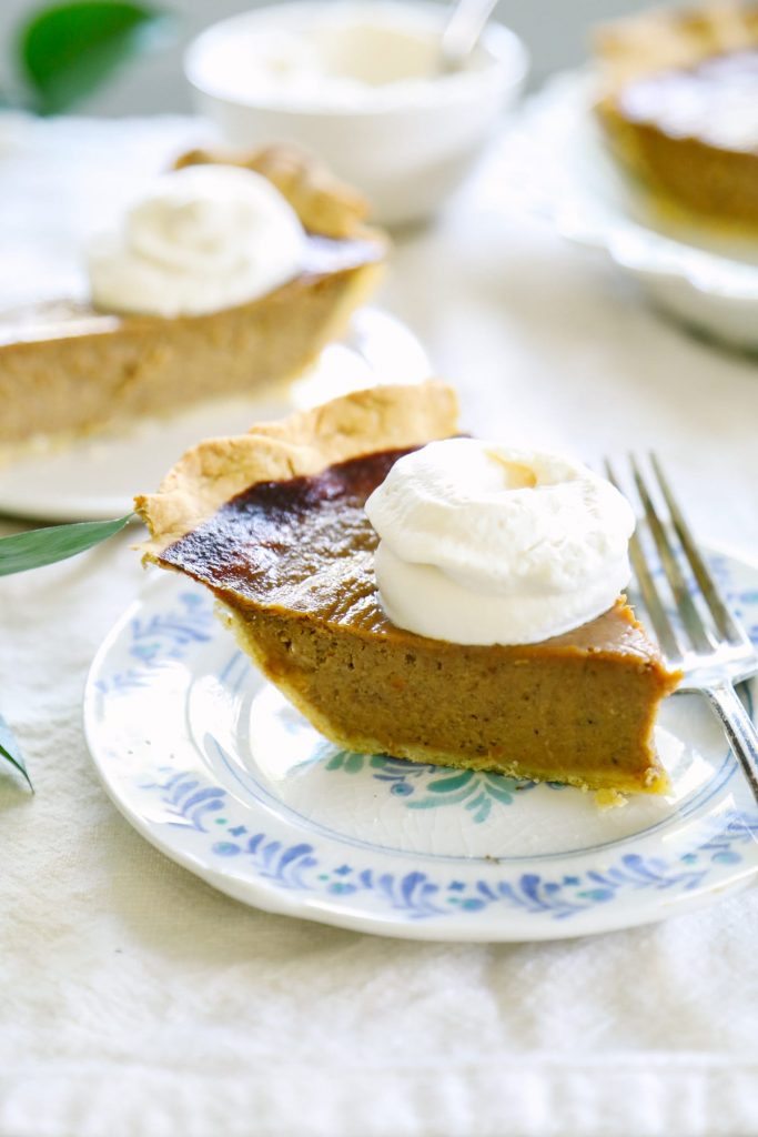 A naturally-sweetened (maple syrup) pumpkin pie that's made without any condensed or evaporated milk. So easy and good.