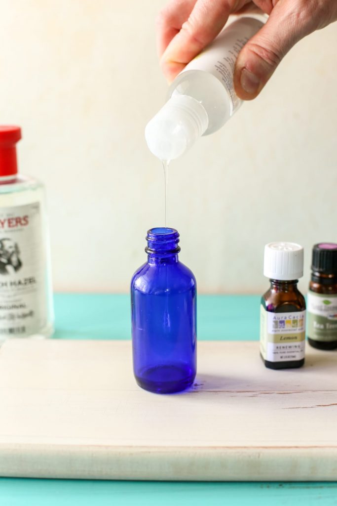 A simple hand sanitizer spray that uses kid-safe essential oils, witch hazel, and glycerin (a moisturizing ingredient found at most drug stores).