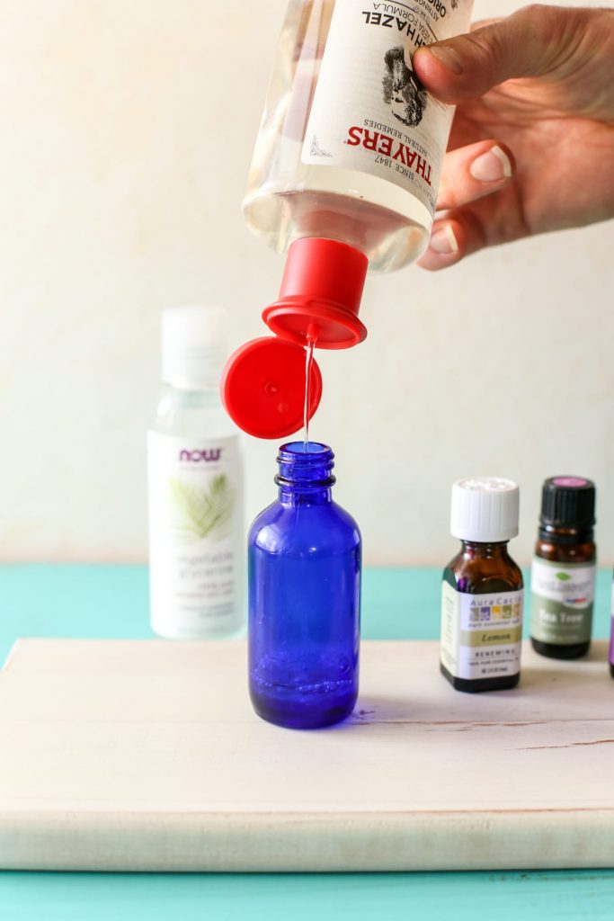 A simple hand sanitizer spray that uses kid-safe essential oils, witch hazel, and glycerin (a moisturizing ingredient found at most drug stores).