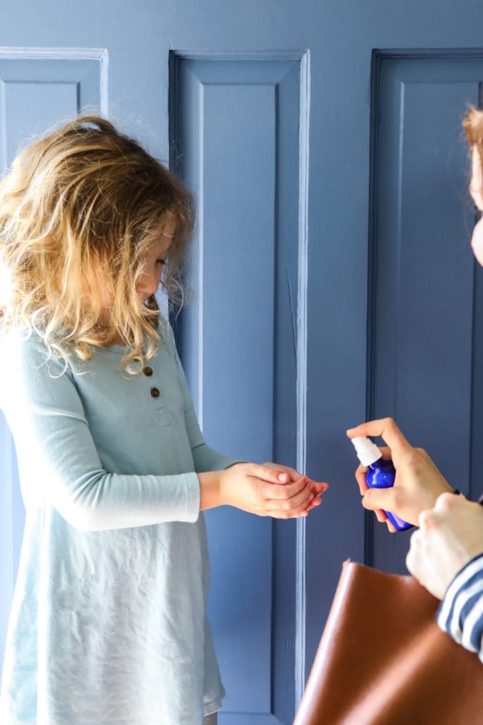 A simple hand sanitizer spray that uses kid-safe essential oils, witch hazel, and glycerin (a moisturizing ingredient found at most drug stores).