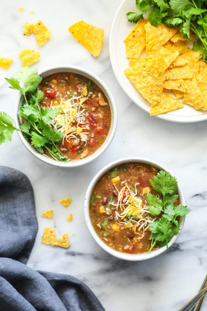 Slow Cooker Chicken and Quinoa Taco Soup. A real food (but no fancy ingredients) fix-it-and-forget-it soup. My family loves this meal.