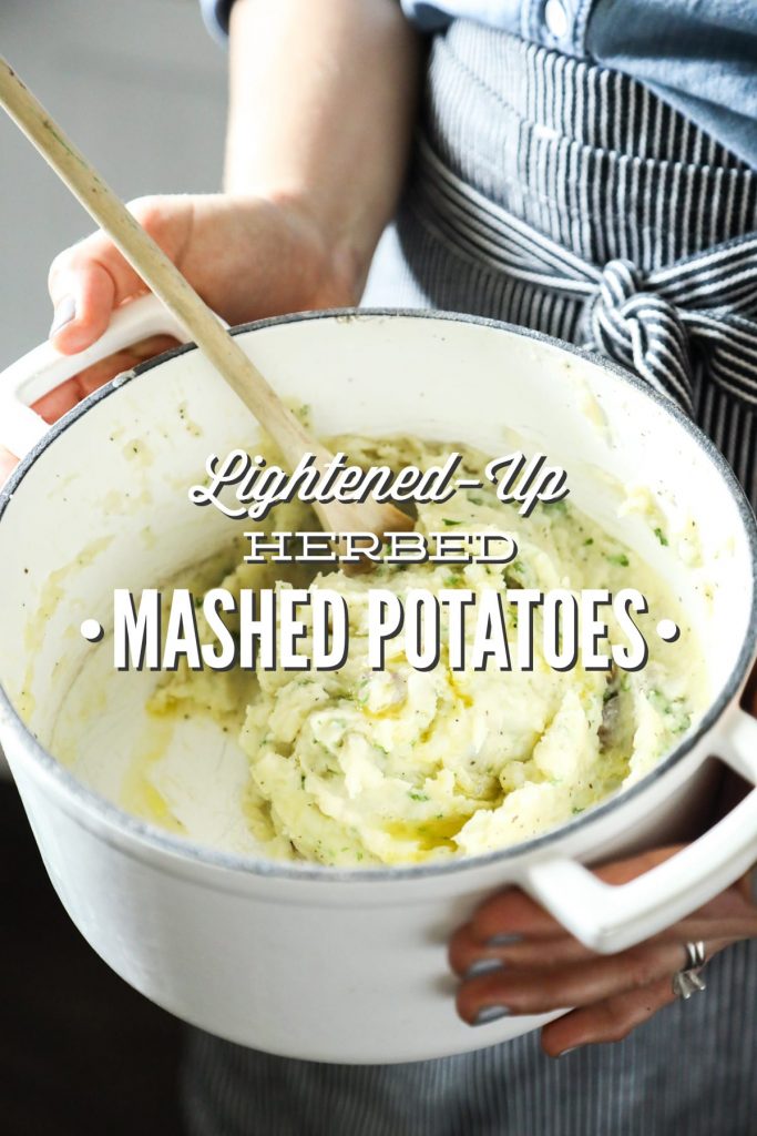 Lightened-Up mashed potatoes with herbs! So easy (no mixer required)--just add butter and olive oil, and mix. From-scratch mashed potatoes.