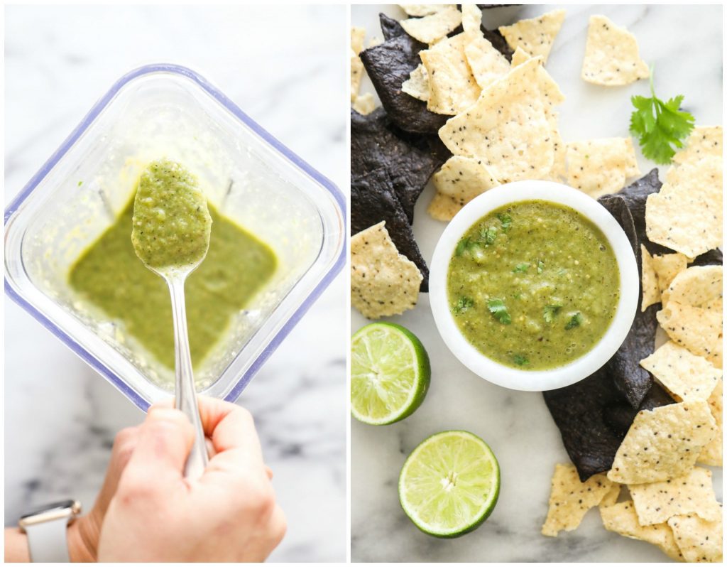 A simple roast and blend salsa! Healthy, real food ingredients, and super easy. Add to taco salad, serve with a quesadilla, or pour over enchiladas.