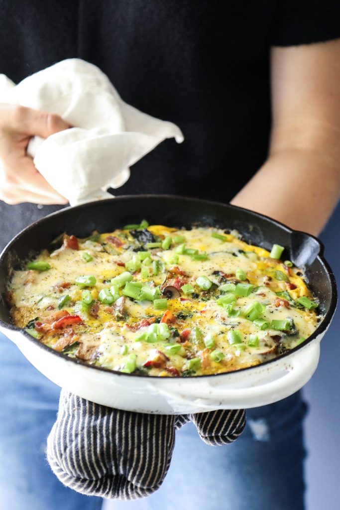 A hearty bacon, vegetable, and kale frittata. This nutrient-rich frittata may be served for breakfast, lunch, or dinner. Prep this frittata in advance for an easy 'fast food' meal option.