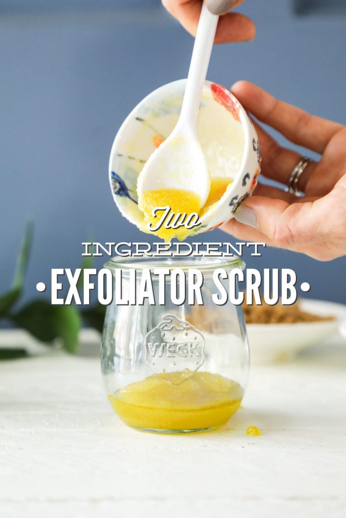 A simple two-ingredient exfoliator scrub made with sugar and oil. Sloughs away dead skin cells and hydrates the skin. Made with kitchen ingredients.