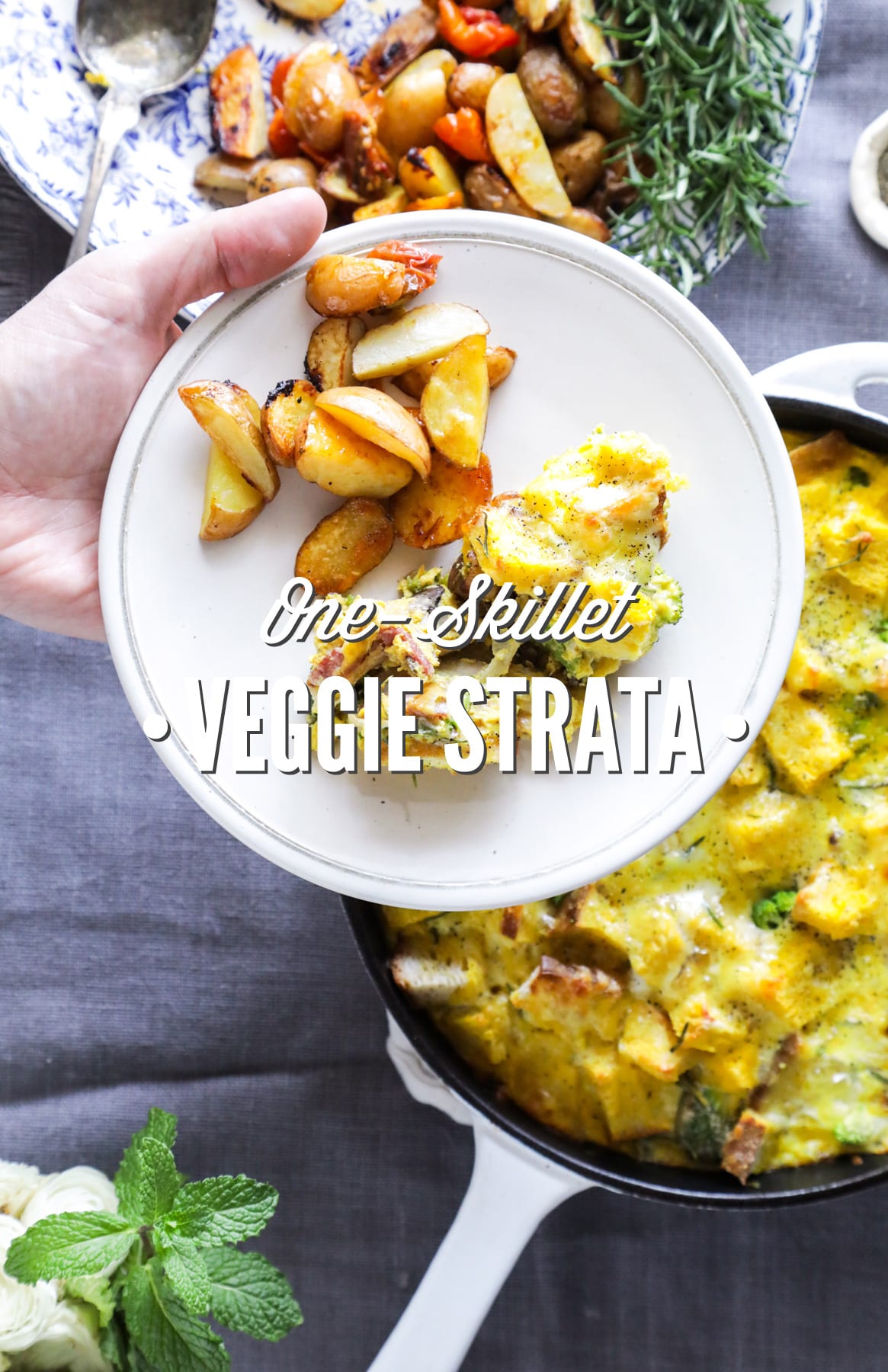 A make-ahead, one-skillet strata (egg and bread casserole) made with veggies and bacon.